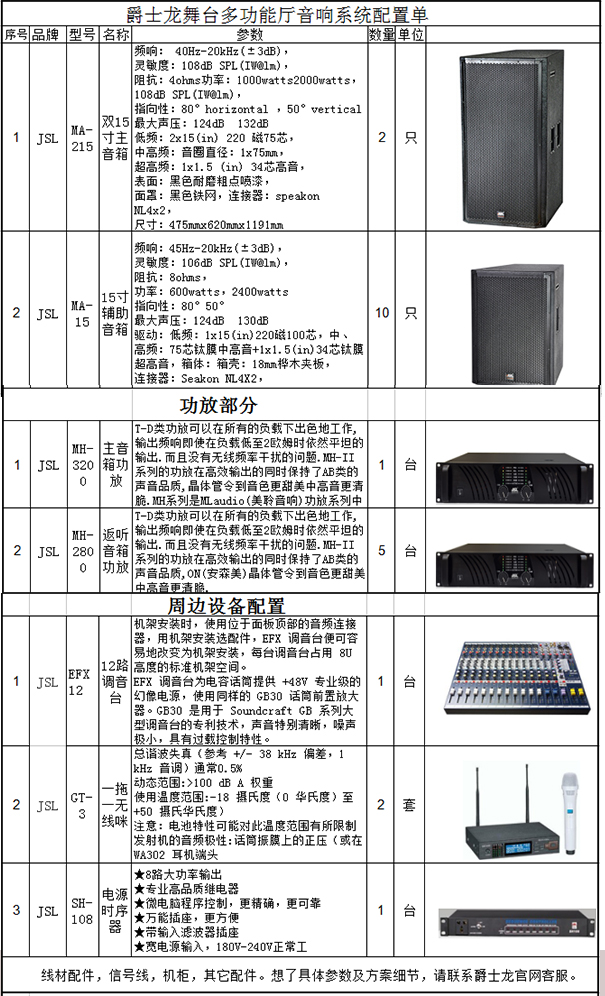 爵士龍舞臺多功能廳音響系統配置單